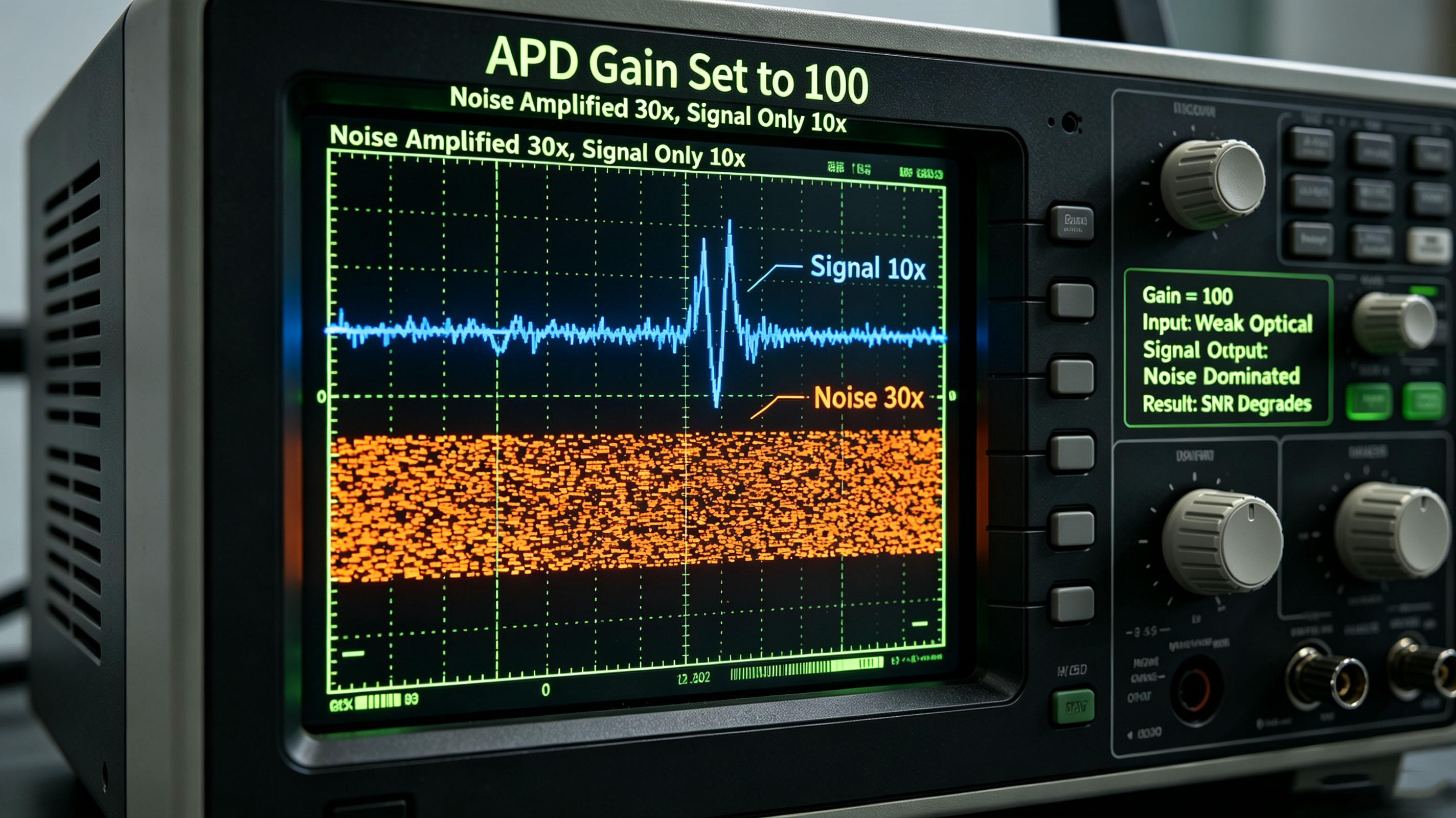 APD Gain Set to 100: Noise Amplified 30×, Signal Only 10×